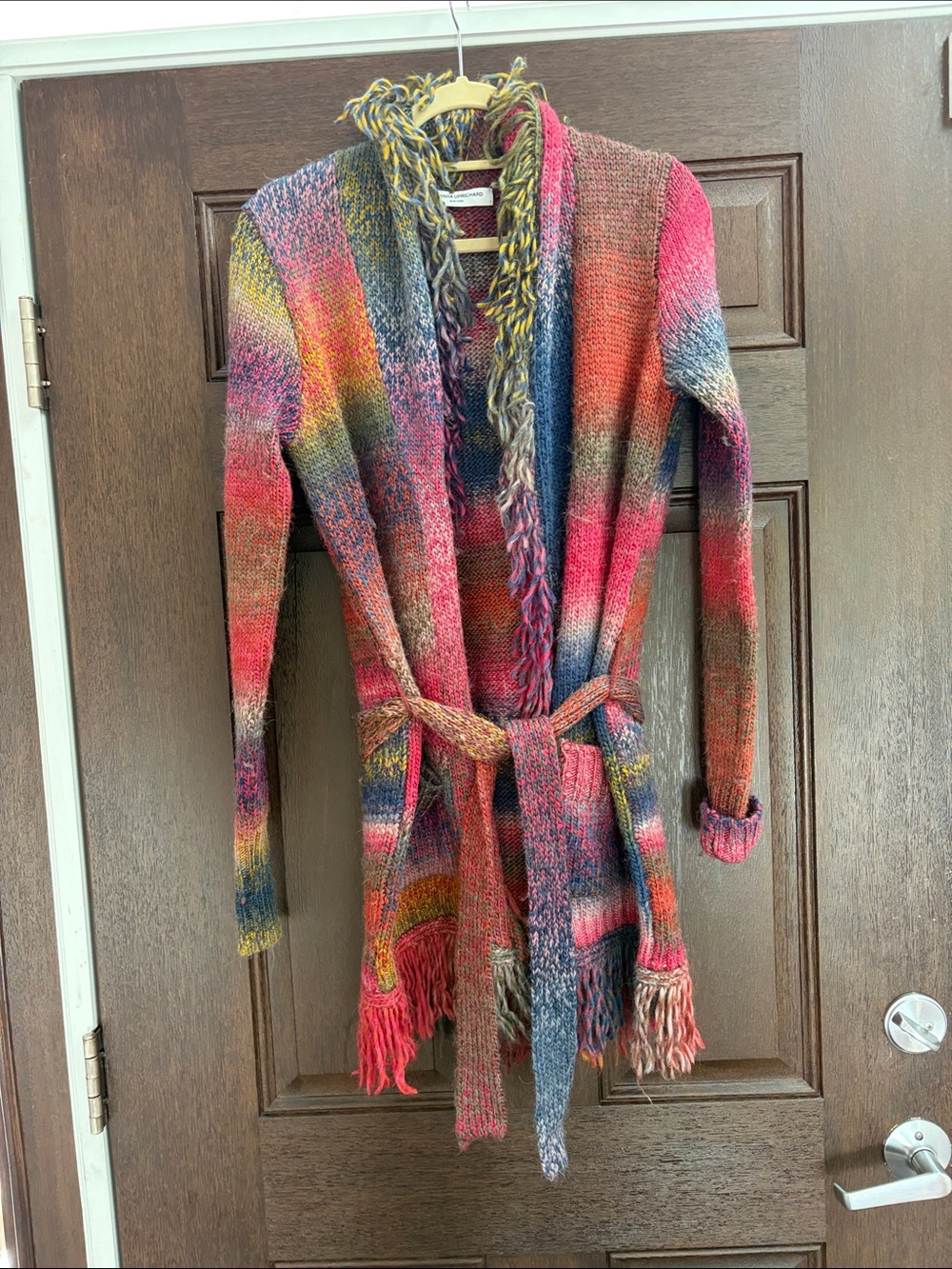 Amanda Uprichard Multicolor Fringe Belted Cardigan - Pink, Blue, Yellow, Brown